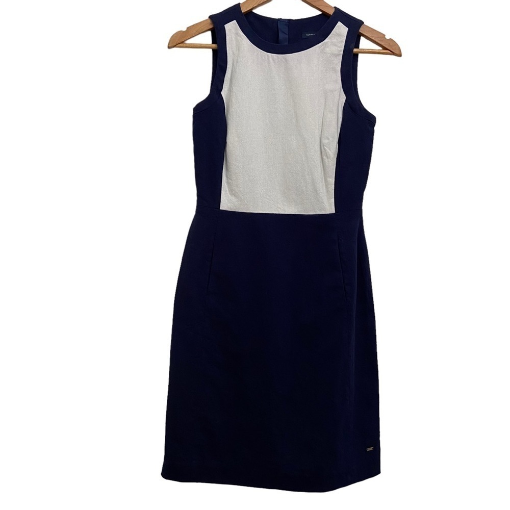 Tommy Hilfiger sheath dress linen cotton navy blue white 2 tones pockets size 00